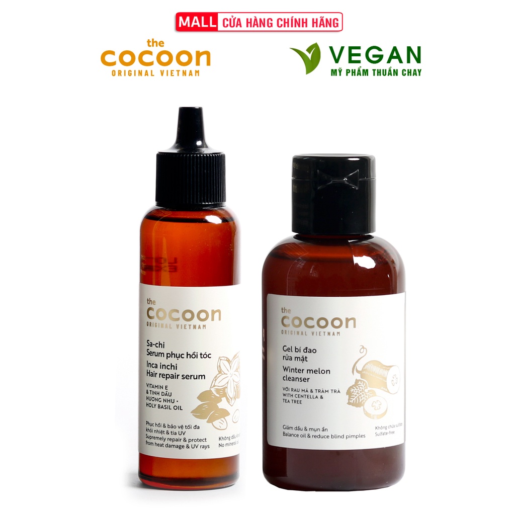 Combo gel bí đao rửa mặt cocoon 140ml + Sa-Chi serum phục hồi tóc cocoon 70ml