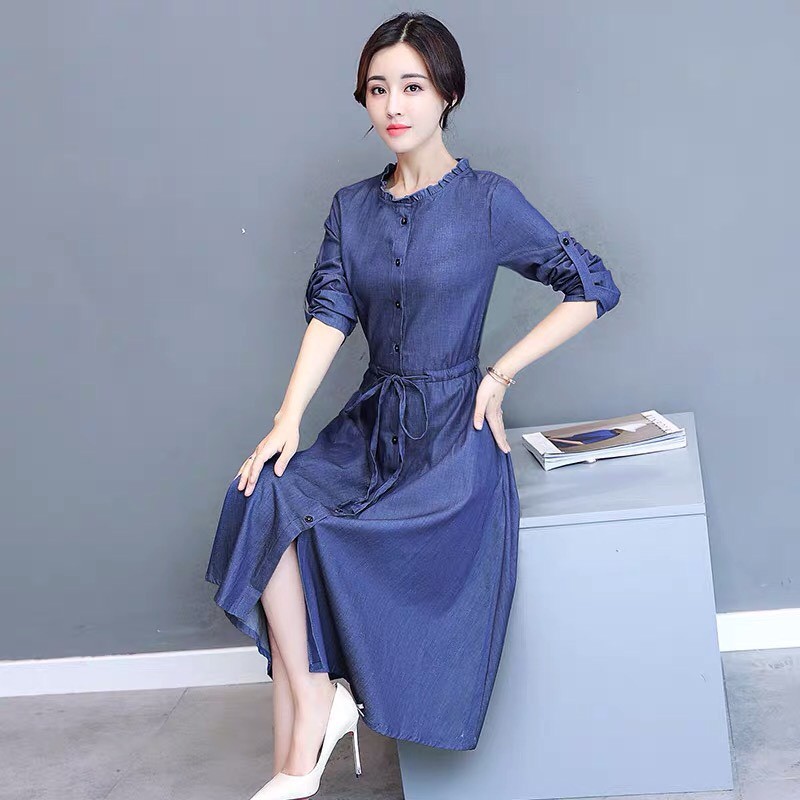 Đầm Jean Xòe Cổ Bèo Tròn, Đầm Jean xòe, đầm jean cá tính, đầm jean mẫu mới nhất, đầm jean, đầm suông, đầm jean dạo phố