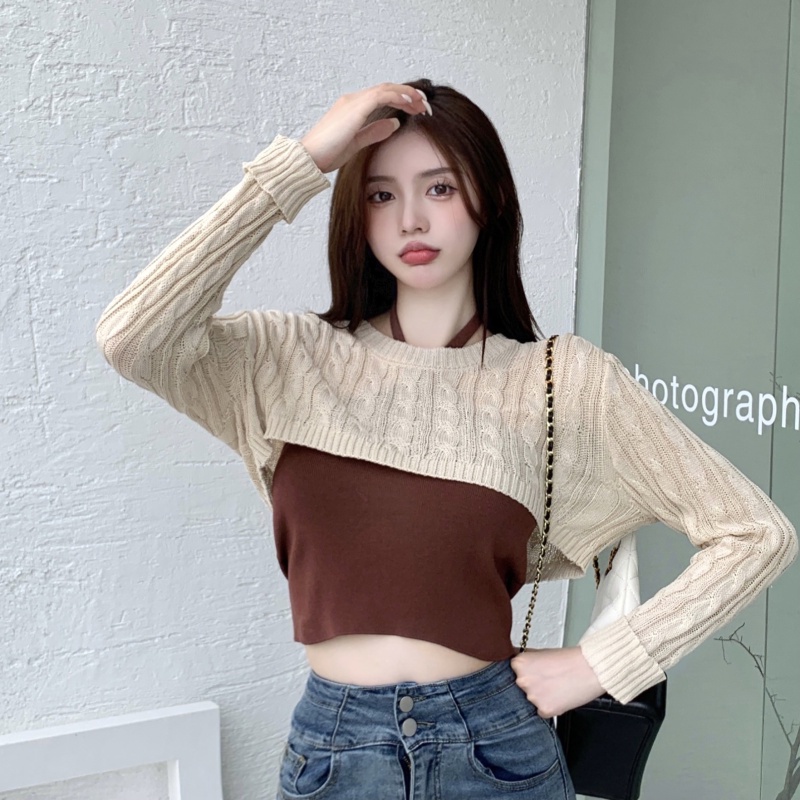 Áo Dệt Kim Tay Dài Dáng Ngắn Dễ Phối Đồ Hợp Thời Trang