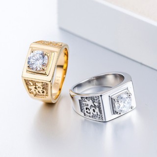 Nhẫn Nam Phong Thủy Chữ Phúc Đính Đá Zircon Titan Ko Đen TT 1381