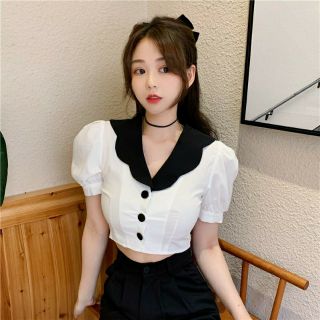 ~SẴN~Áo sơ mi croptop Hàn Quốc cổ áo búp bê tay phồng dễ thương