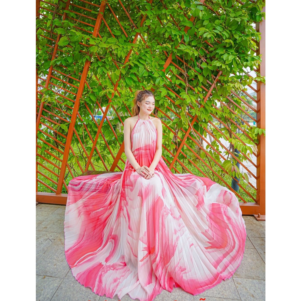 Đầm maxi voan Hàn dập li màu hồng thời trang