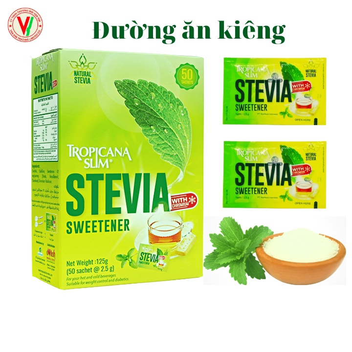 Hộp 50 Gói Đường Ăn Kiêng Lá Cỏ Ngọt STEVIA Tropicana Slim, Dành Cho Người Tiểu Đường Và Ăn Kiêng (Date Mới]