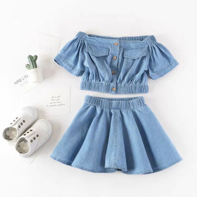 Set Áo Sơ Mi Ngắn Tay Và Chân Váy Jeans Thời Trang Cho Bé Gái