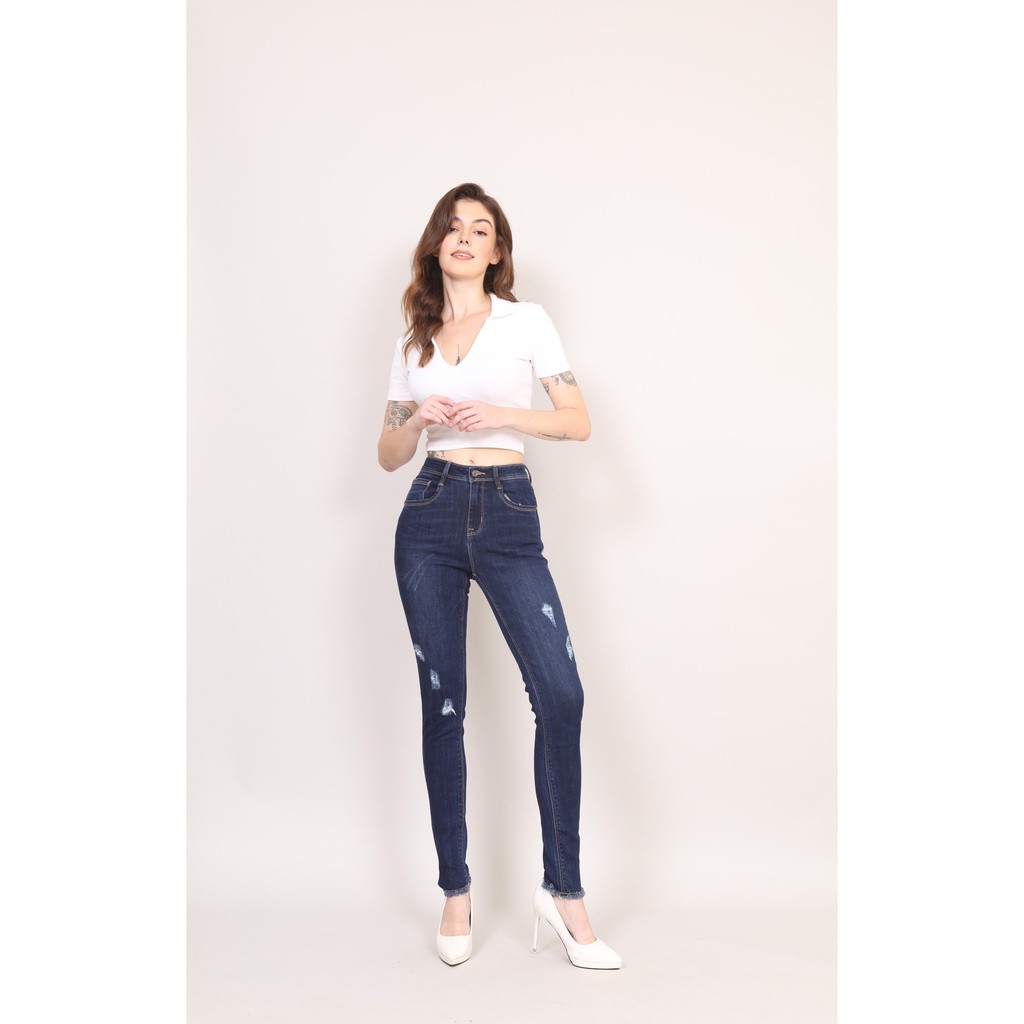 Quần Jean Nữ  Skinny Cạp Cao co giãn Gấu Tua Rua Rách CT Jeans