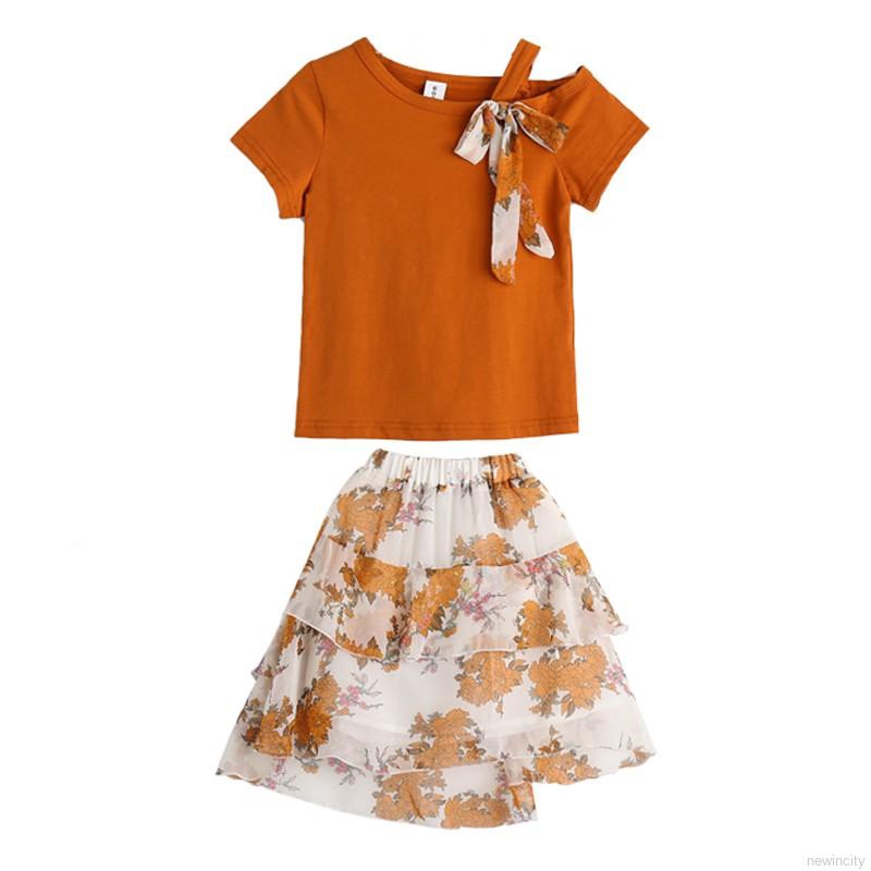 Set áo thun tay ngắn &amp; váy hoa chiffon cho bé gái