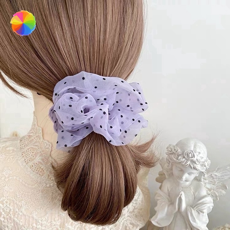 Dây cột tóc vải lưới in họa tiết chấm bi xinh xắn dành cho nữ