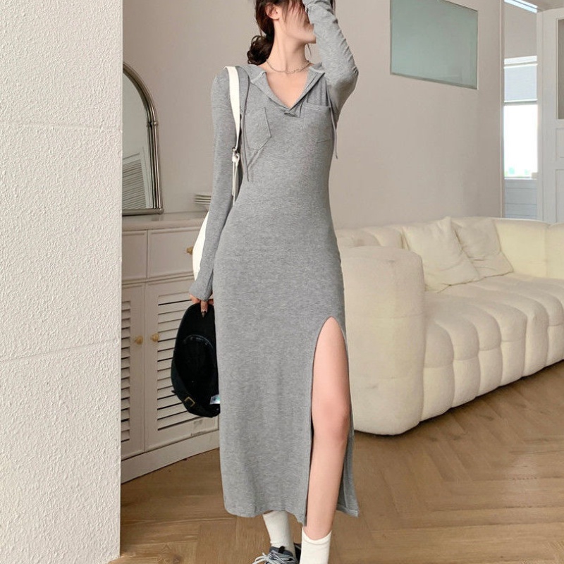 COZOK Đầm Midi Tay Dài Có Mũ Trùm Đầu Kiểu Dáng Trẻ Trung Năng Động