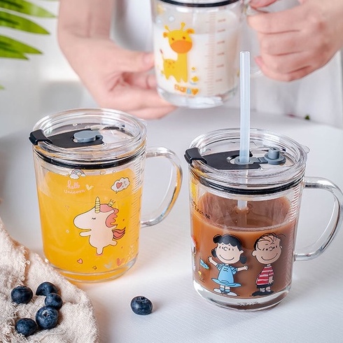 Cốc Pha Sữa Cho Bé Chia Vạch Thủy Tinh Chịu Nhiệt Kèm Ống Hút H113