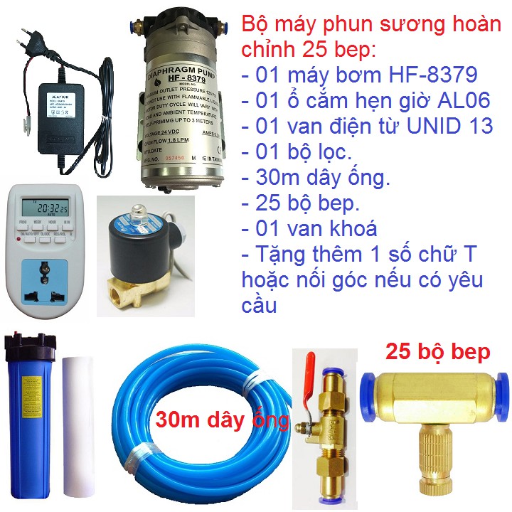 Bộ máy phun sương hoàn chỉnh 25 bep sử dụng máy bơm phun sương HEADON HF 8379 có hẹn giờ tắt mở tự động