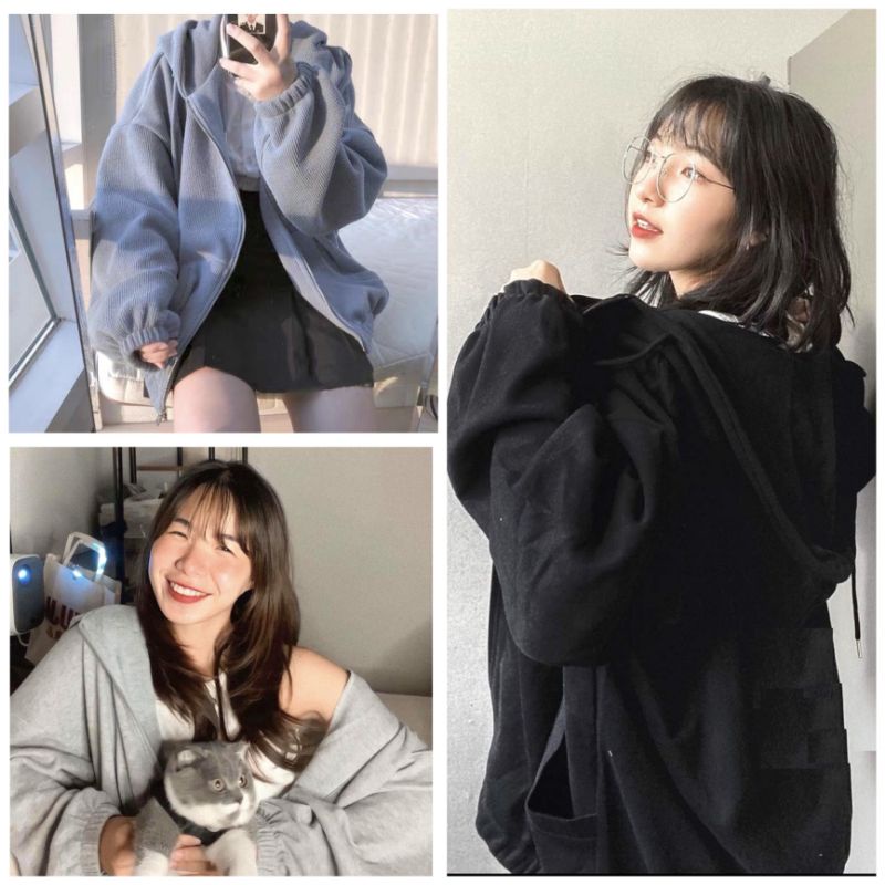 🌸 Jacket nỉ form rộng màu ĐEN | XÁM | XANH cá tính Ulzzang 🌸