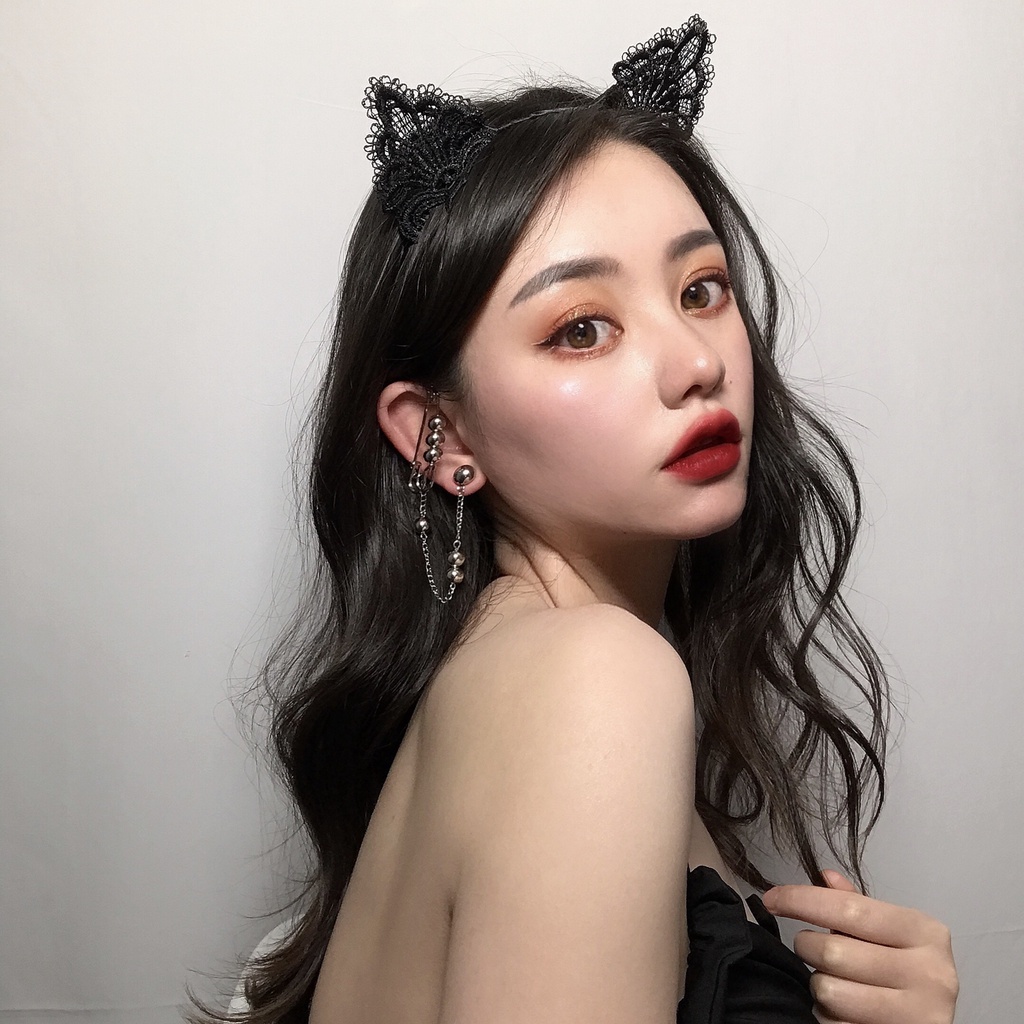 Băng Đô Cài Tóc Hình Tai Mèo Phối Ren Xinh Xắn Kiểu Hàn Quốc Cho Nữ