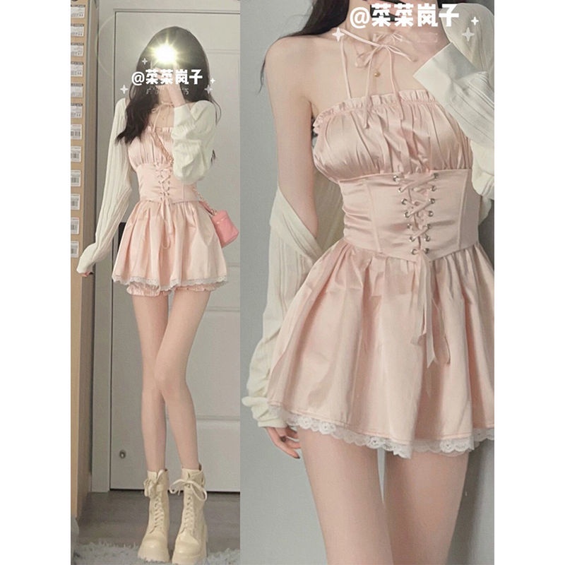 Set Đầm Hai Dây + Quần Short Vải Satin Màu Hồng Phong Cách Hàn Quốc Quyến Rũ Cho Nữ