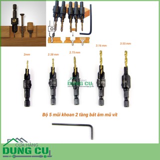 BỘ 5 MŨI KHOAN 2 TẦNG CHỈNH CỮ BẮT ÂM MŨ VÍT 2-3.55MM KHOAN GỖ NHÔM ĐỒNG CHUÔI LỤC GIÁC phủ TITANIUM