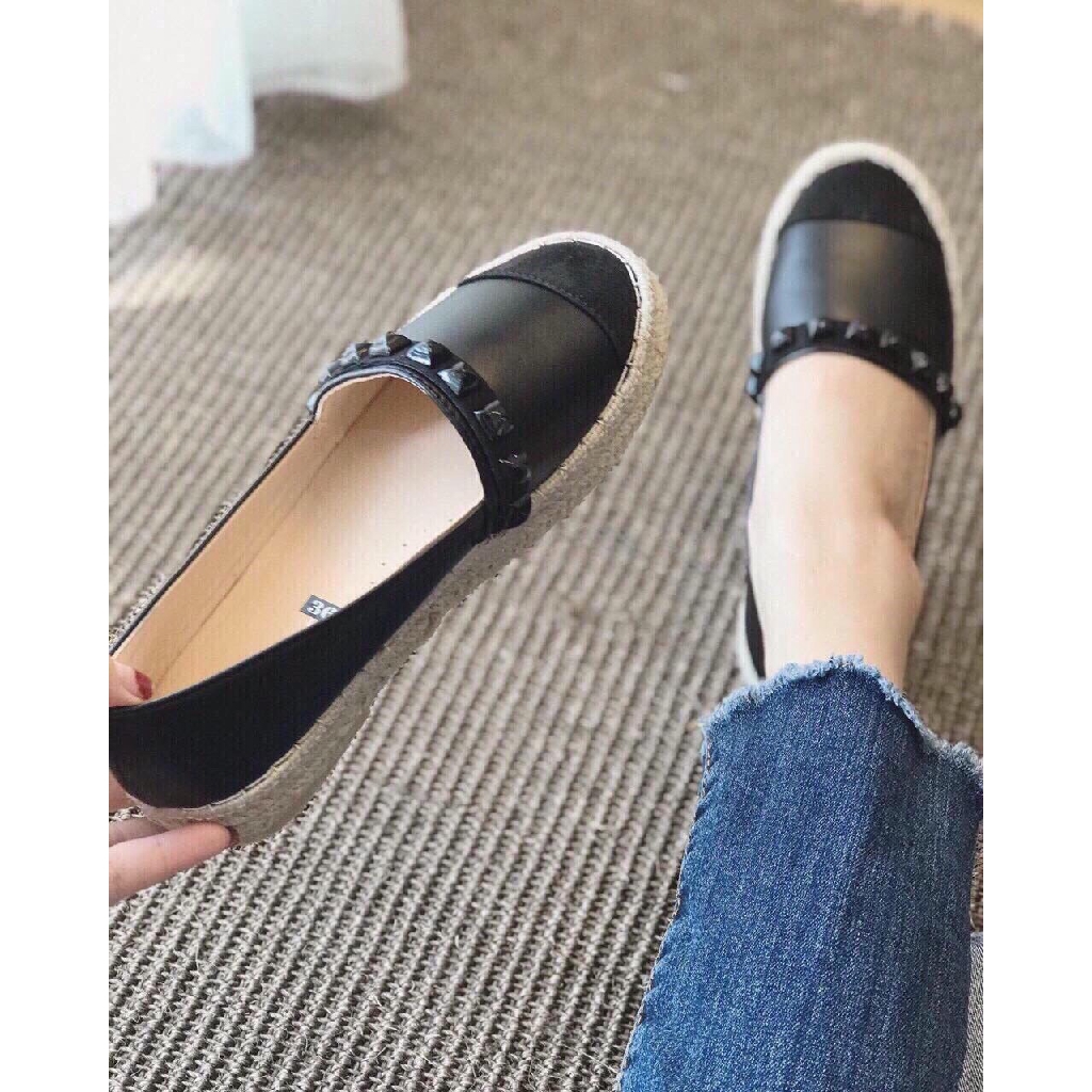 Giày lười đế cói viền đinh da mềm êm chân