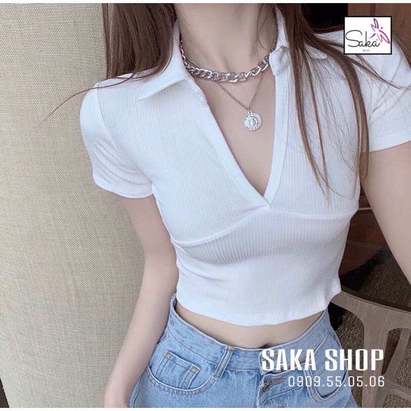 Áo croptop nữ cổ sơ mi xẻ ngực màu da trắng đen