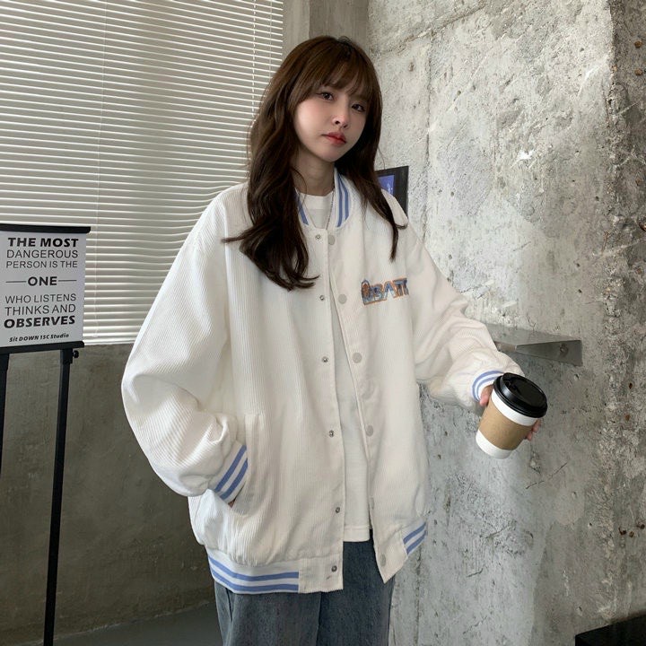Áo khoác nữ chất nhung gân 2 lớp kiểu dáng bomber THÊU LOGO form rộng đẹp cho nữ