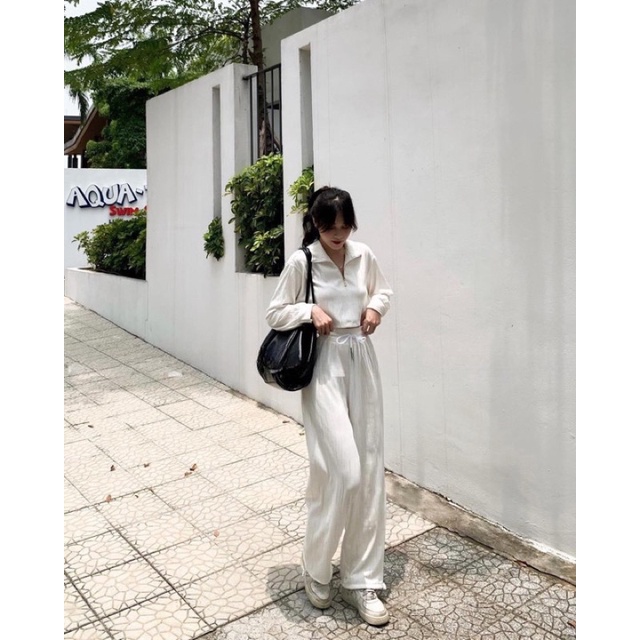 Set Bộ Đồ Nữ Shet Polo Trơn Áo Croptop Khoá kéo Tay Bồng Mix Quần Culottes Ống Suông Rộng Cạp Chun Freesize