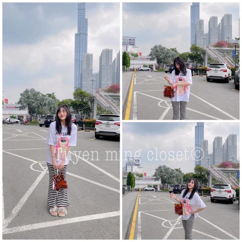 set áo thun gấu quần loe sọc