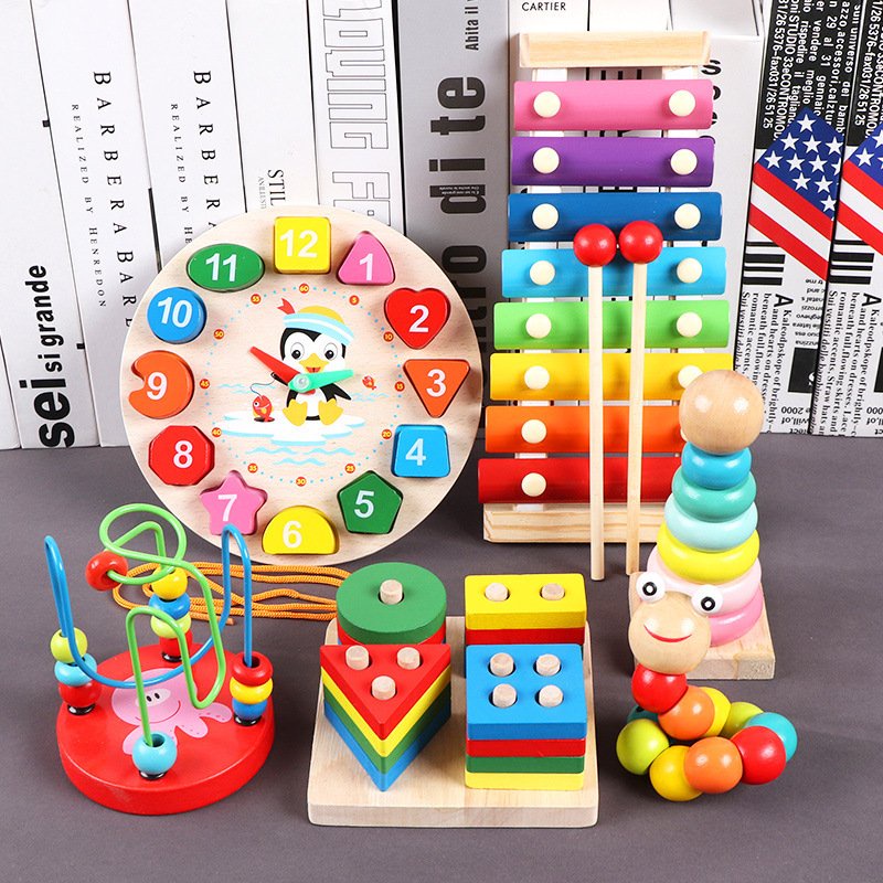 Combo 6 món đồ chơi gỗ giúp bé nhận biết hình dạng âm thanh màu sắc hiệu quả. Đồ chơi giáo dục cho bé