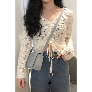 [CÓ SẴN] Áo Croptop Lưới Đi Biển Tay Dài Rút Eo Cổ V Quảng Châu