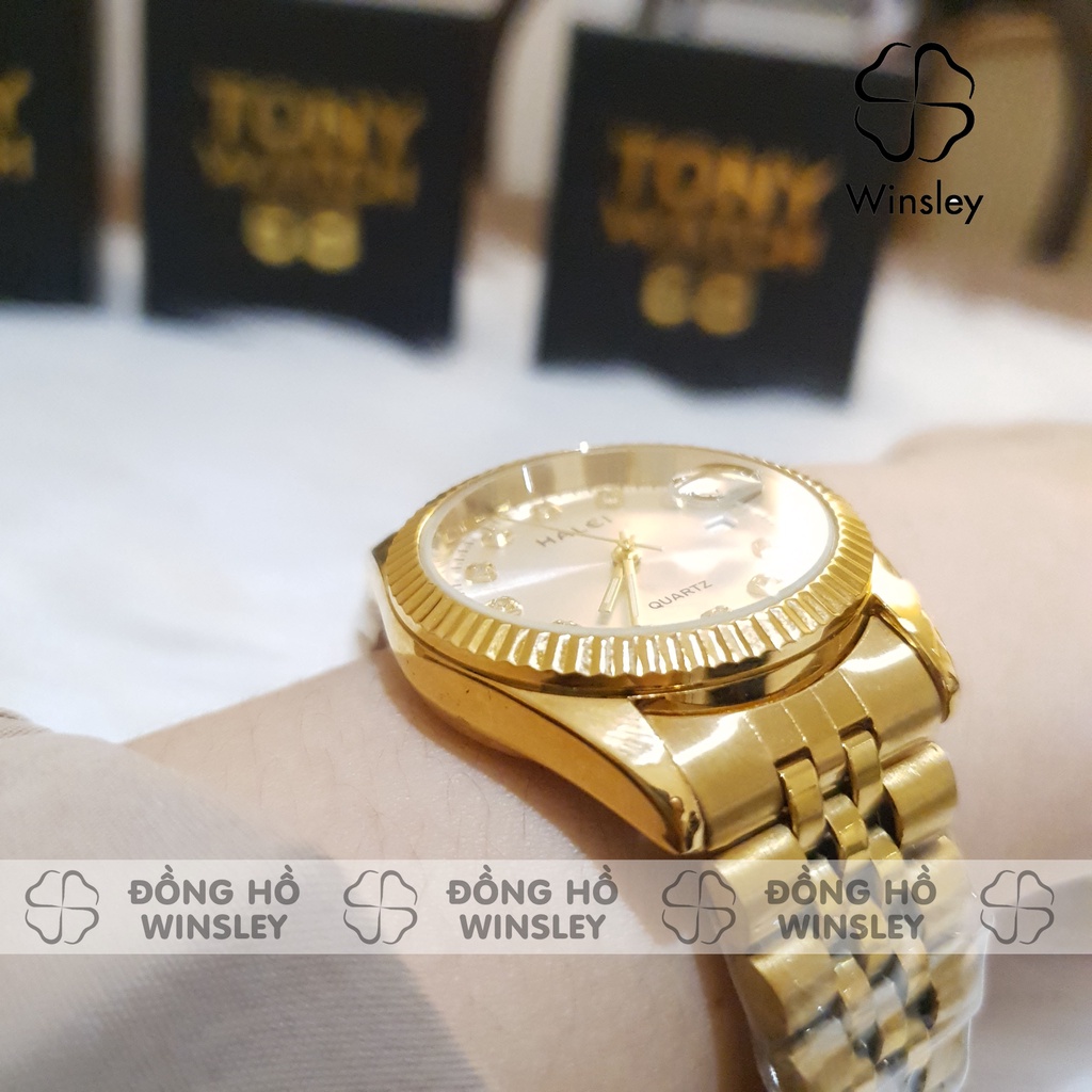 Đồng hồ đôi Halei nam nữ dây kim loại chính hãng đẹp rẻ chống nước dây thép nhỏ