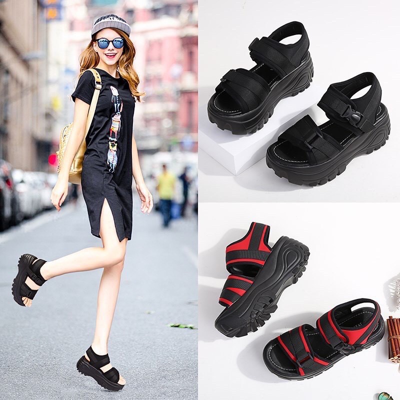 SANDAL dép nữ sinh, quai ngang khoá bấm phối kẻ hài hoà ( cao 5p )