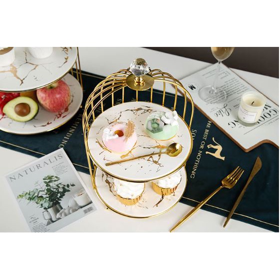 Khay bánh lồng chim đĩa sứ vân đá vàng mạ chrome trưng bày, trang trí bàn tiệc