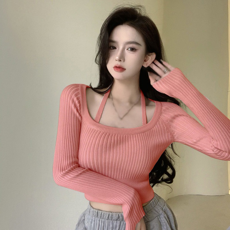 Áo Thun Dệt Kim Tay Dài Cổ Yếm Màu Sắc Trơn Phong Cách Hàn Quốc Thời Trang Cho Nữ