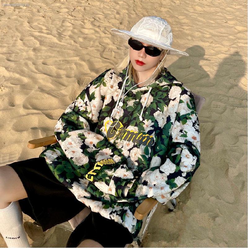 ☄Fashion brand men and women wear spring and autumn thin oversize sweater women Korean version ins full-body printed floral hooded jacket