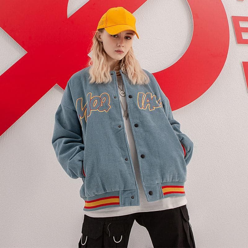 [Sẵn Xanh + Đen nhiều size] Áo khoác bomber nhung gân dáng bóng chày thêu chữ unisex ulzzang hot trend thu đông | BigBuy360 - bigbuy360.vn