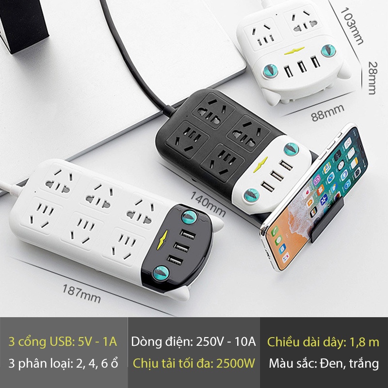 Ổ cắm điện đa năng JIASHI dán tường hình mèo cute, 3 cổng USB, 6 ổ cắm chống giật thông minh dây dài 1,8m - OCD02