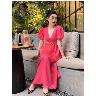 Đầm Zara Xuất Khoét Eo Tay Bồng Váy Cổ V Nhún Chun Ngực