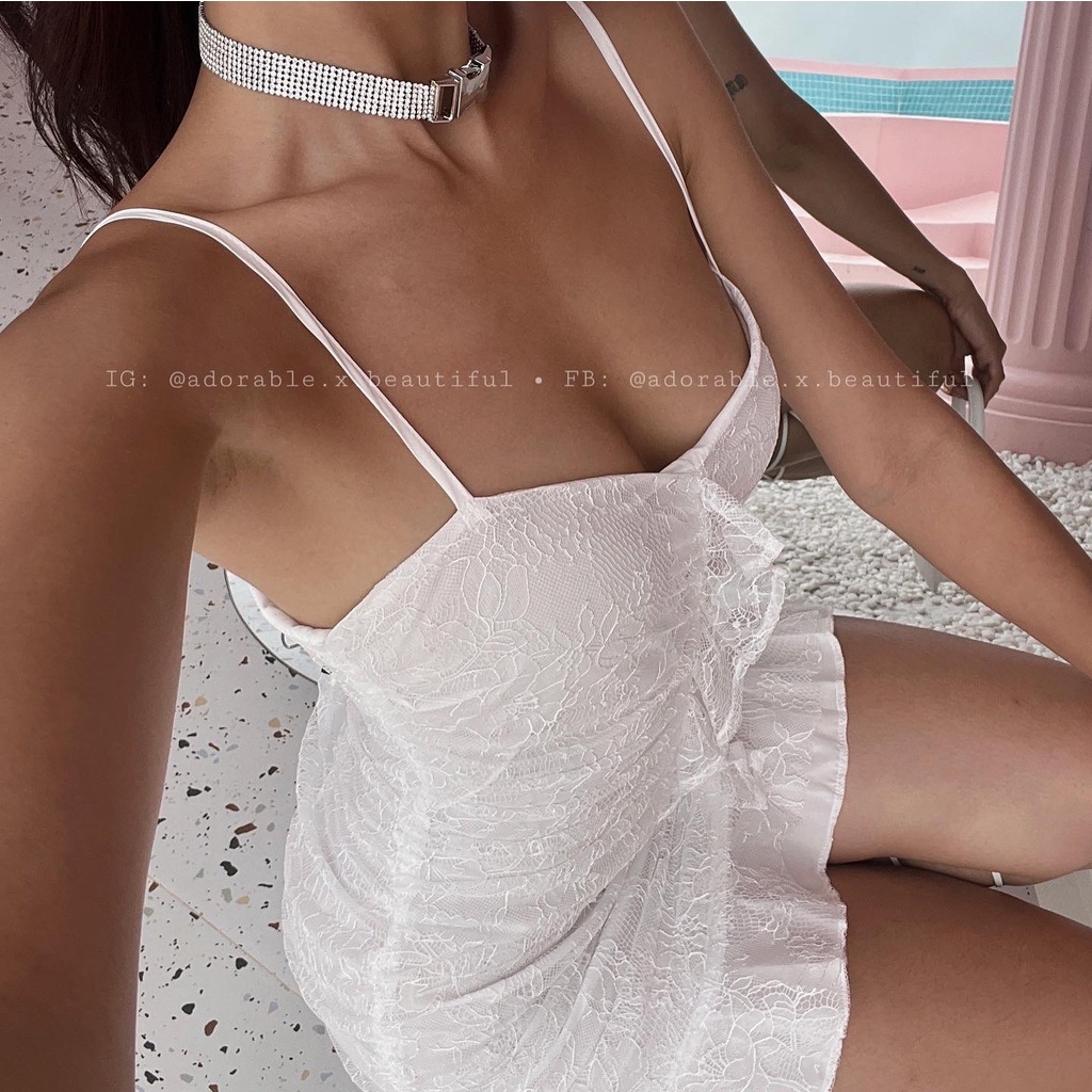 Đầm Hai Dây Ren Trắng Sexy, Váy Ngắn Phối Bèo Phong Cách Ulzzang [AdorablexBeautiful]