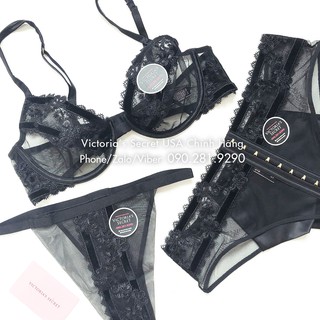 34B, B75 (Auth Mỹ) - Áo bra Vic Luxe Lingerie (121) màu đen phối ren lưới, Luxe Black - Victoria's Secret USA