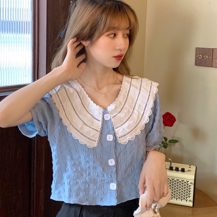 【ZHELIHANGFEI】Áo Sơ Mi Tay Phồng Ngắn Cổ Búp Bê Phối Ren Lưng Cao Dễ Thương