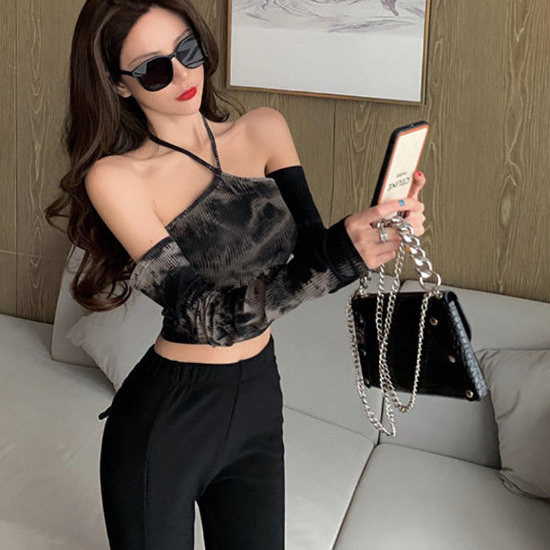 IELGY Áo Thun Croptop Tay Dài Hở Vai Dáng Ôm Màu Nhuộm Đen Thời Trang Cho Nữ