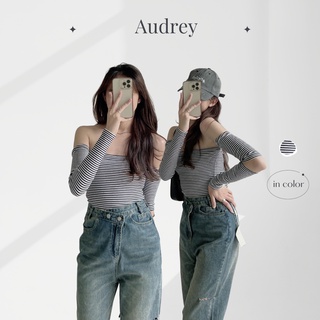 A1044 áo thun nữ audrey trễ vai dài tay cut-out kẻ sọc dáng ôm