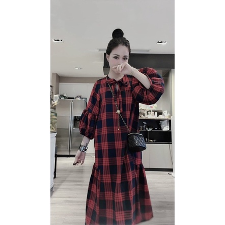 VN907 - VÁY SUÔNG XOÈ KẺ CARO ĐỎ ĐÍNH NƠ
