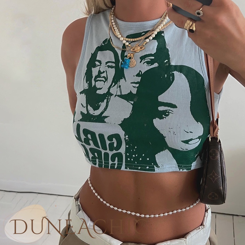 DUNEA Áo Croptop Cổ Tròn In Họa Tiết Quyến Rũ Cho Nữ
