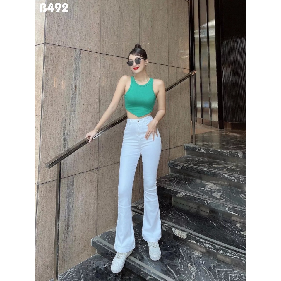Quần bò nữ ống loe lưng cao 1 nút màu trắng mẫu trơn co giãn có size đại