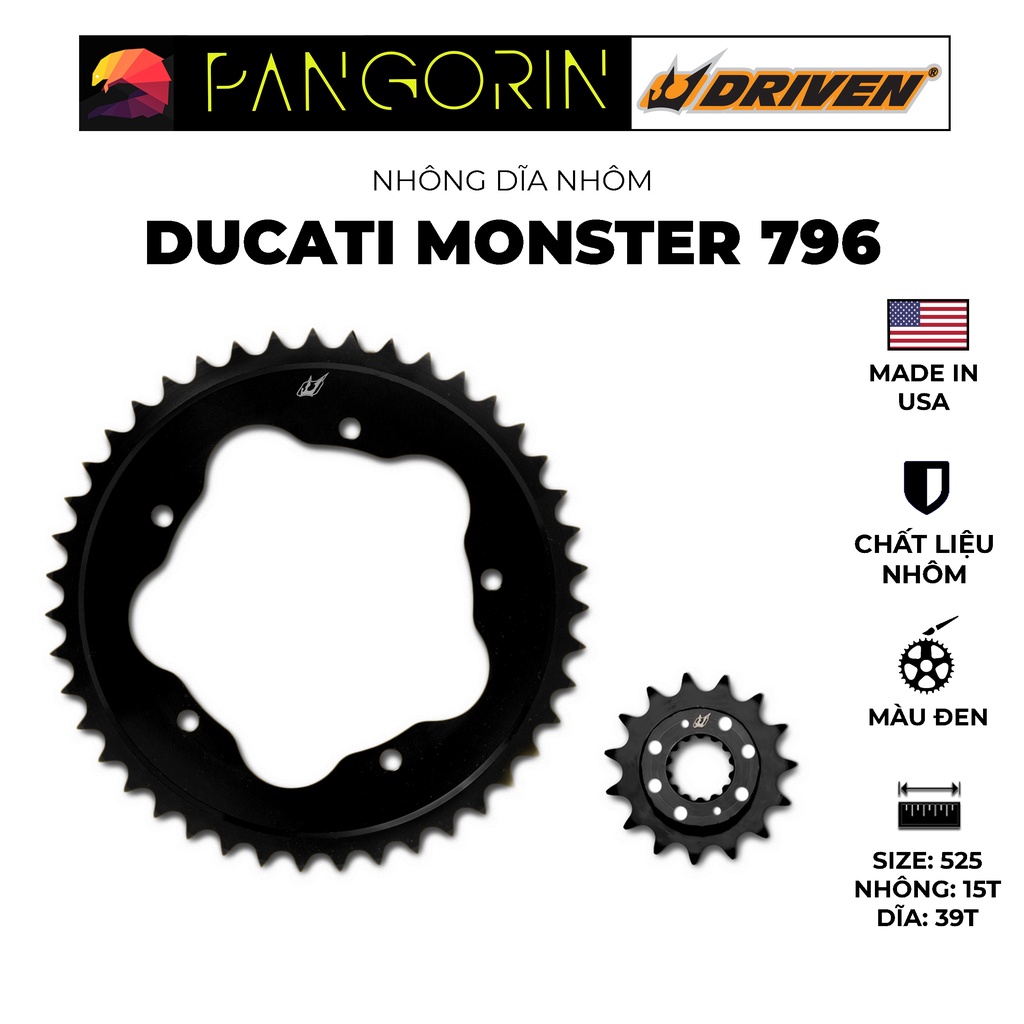 Driven Racing - Nhông dĩa cho xe phân khối lớn mô tô Ducati Monster 796 chất liệu nhôm, màu sắc đen