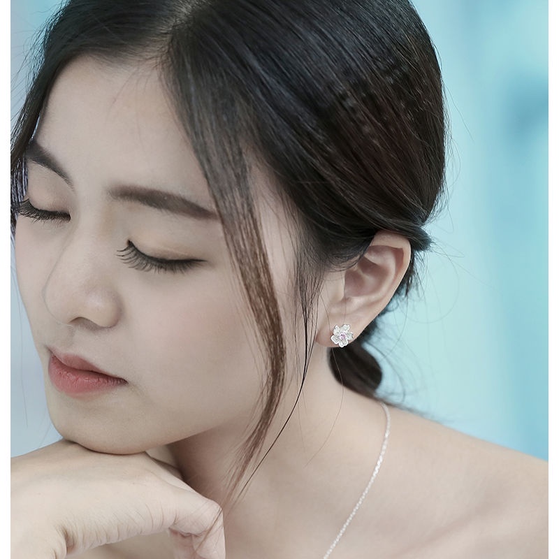 Bộ Dây Chuyền + Bông Tai Hình Hoa Anh Đào Màu Bạc Đính Đá Zircon Thời Trang Cho Nữ