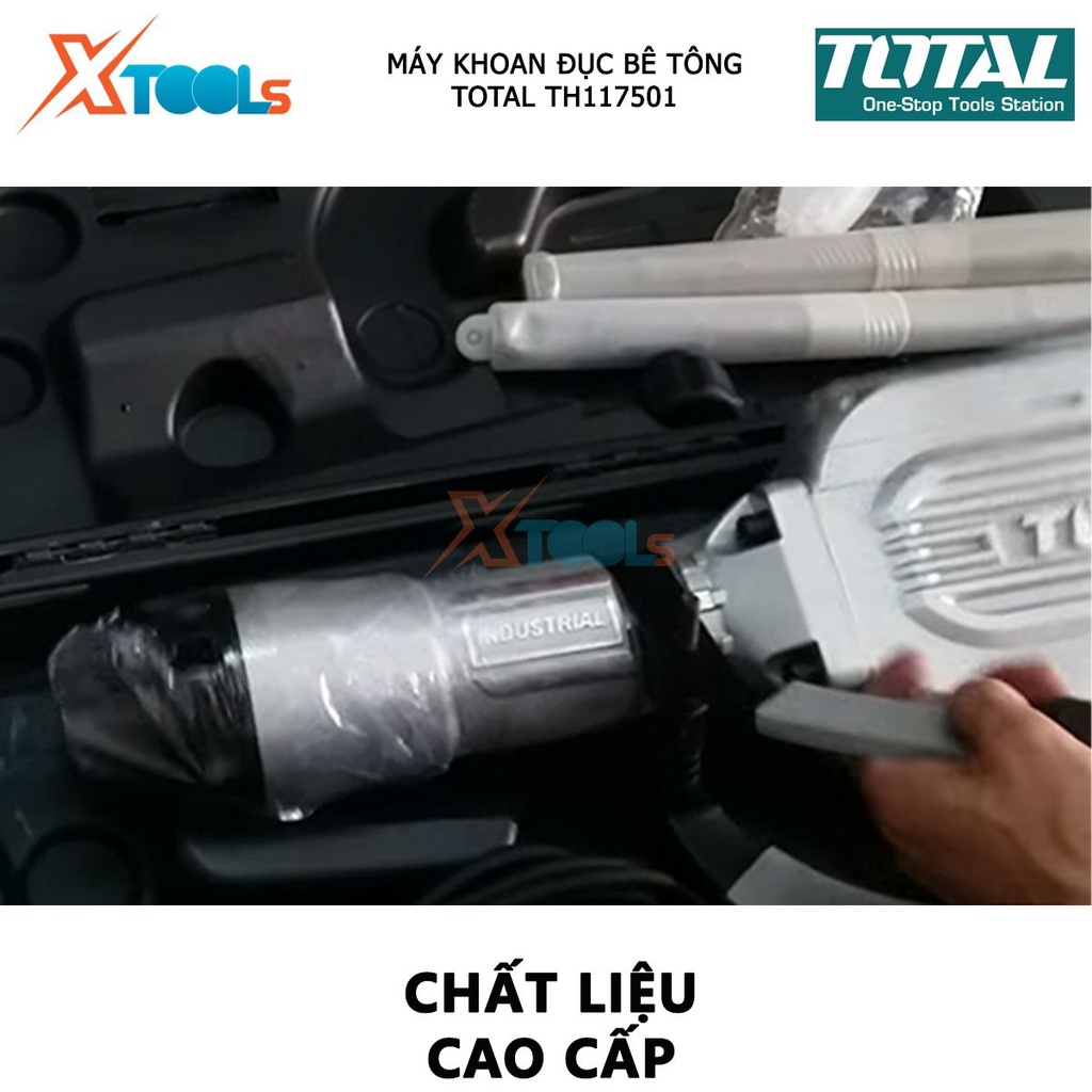 Máy khoan búa cầm tay 1700w Total TH117501 chức năng đục và búa, tốc độ 200-340rpm; tốc độ đập 1150-1850bpm; lực đập 27j