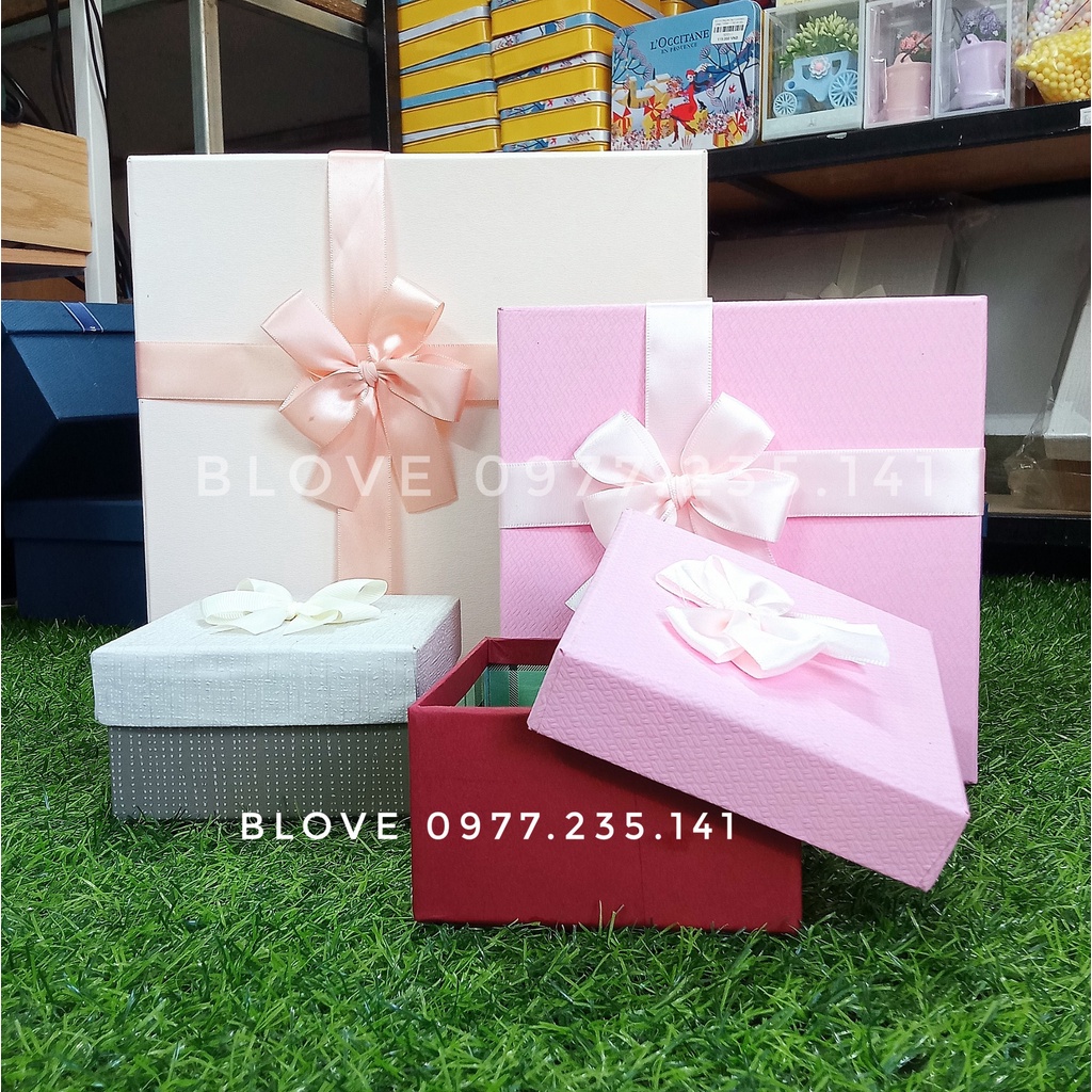 (Full size, màu)Hộp đựng quà tặng hình vuông có nơ nhiều kích thước, Mix màu,hộp đựng quà tết,hộp quà tặng