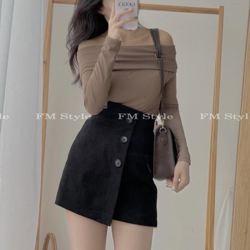 Chân Váy Chữ A Cạp Cao GenY Quần Váy Nhung Tăm 3 Nút Phối Túi Giả Cực Xinh (có quần lót trong)