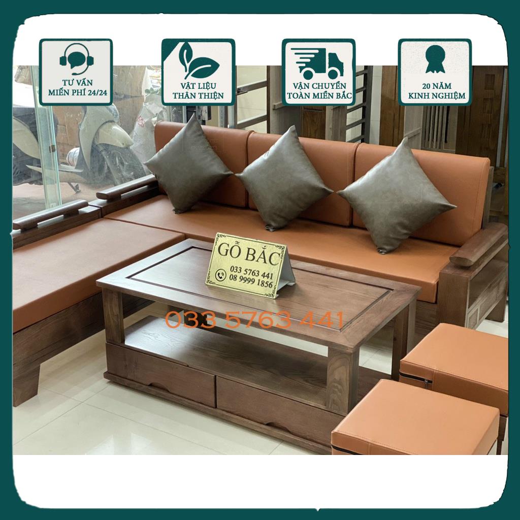 Ảnh thật ghế sofa gỗ sồi nga góc L 2mx1m8 giá tại xưởng - bộ sofa 5 món