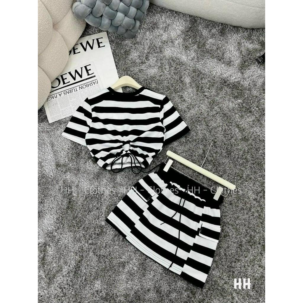 Set váy gân kẻ sọc áo croptop tay ngắn khoét lưng mix chân váy xòe ngắn cực kì dễ thương, tôn dáng phù hợp đi chơi dạo