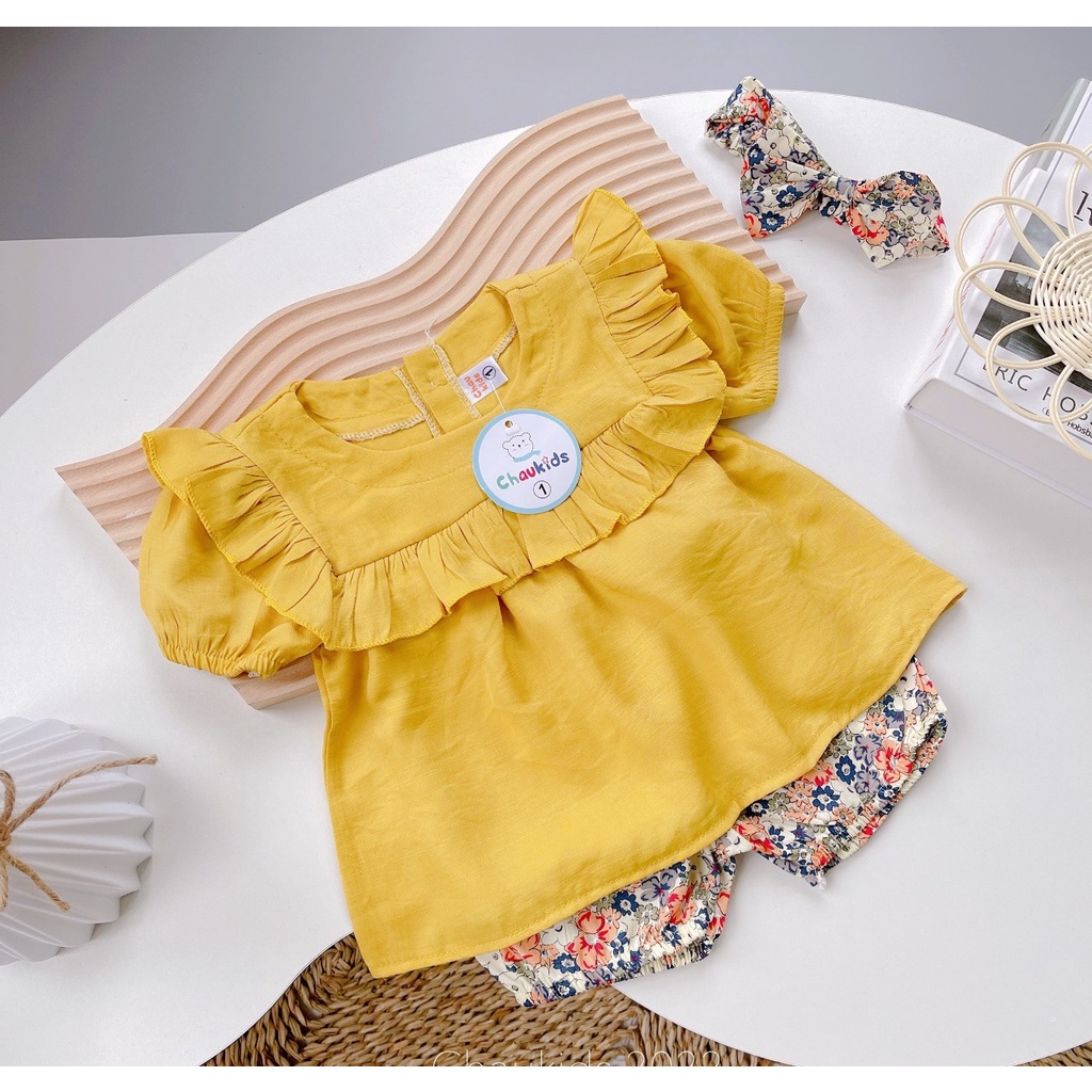 Bộ hè bé gái, bộ đũi ngực viền bèo quần thô hoa nhí kèm turban cho bé