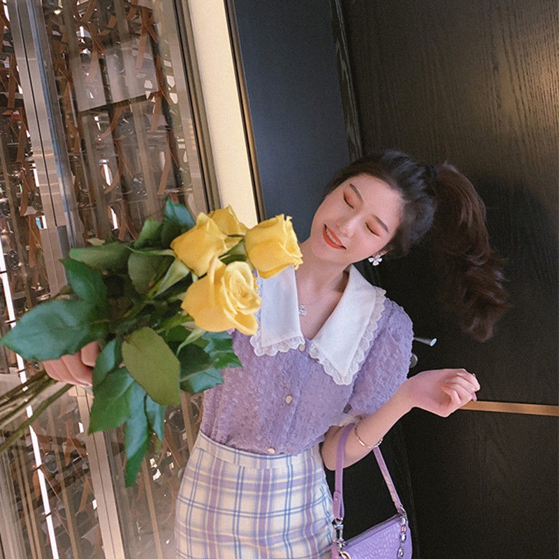 COZOK Áo sơ mi chiffon cổ búp bê tay phồng form rộng phong cách retro